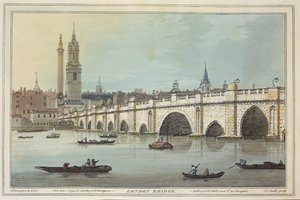 Az Old London Bridge látképe, J.C. Stadler (1780-1812) metszete, 1795 (színes akvatinta)